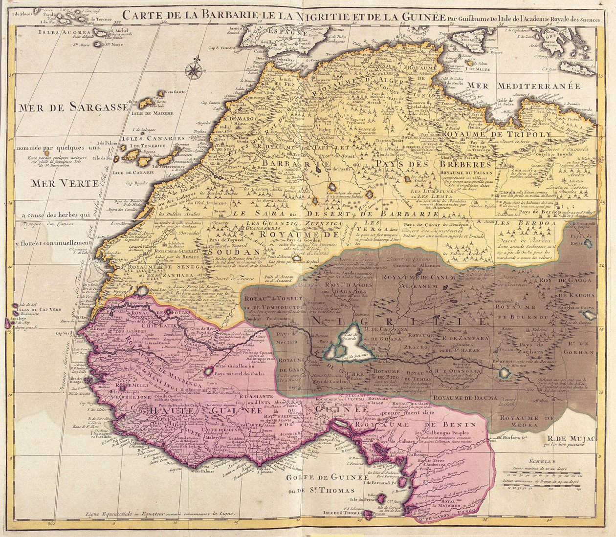 Mappa della Barbaria (Marocco, Algeria, Tunisia, Libia), Nigritude (Mali, Burkina Faso, Niger) e Guinea (Senegal, Guinea, Sierra Leone, Liberia, Costa d