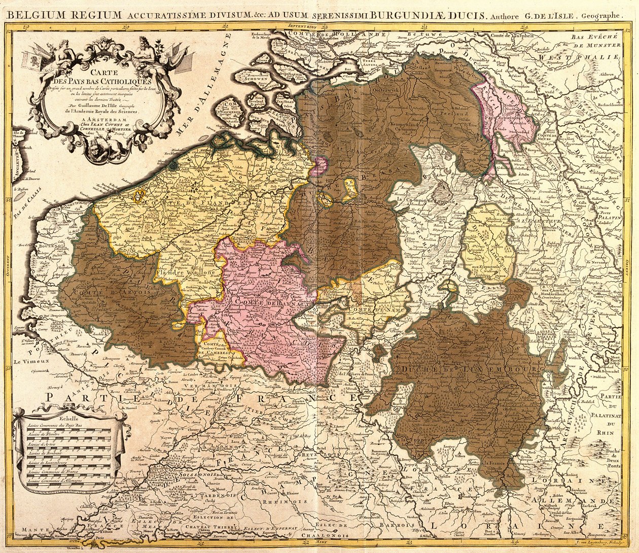 Mappa dei Paesi Bassi Cattolici (Belgio e Lussemburgo) (incisione) da Guillaume Delisle