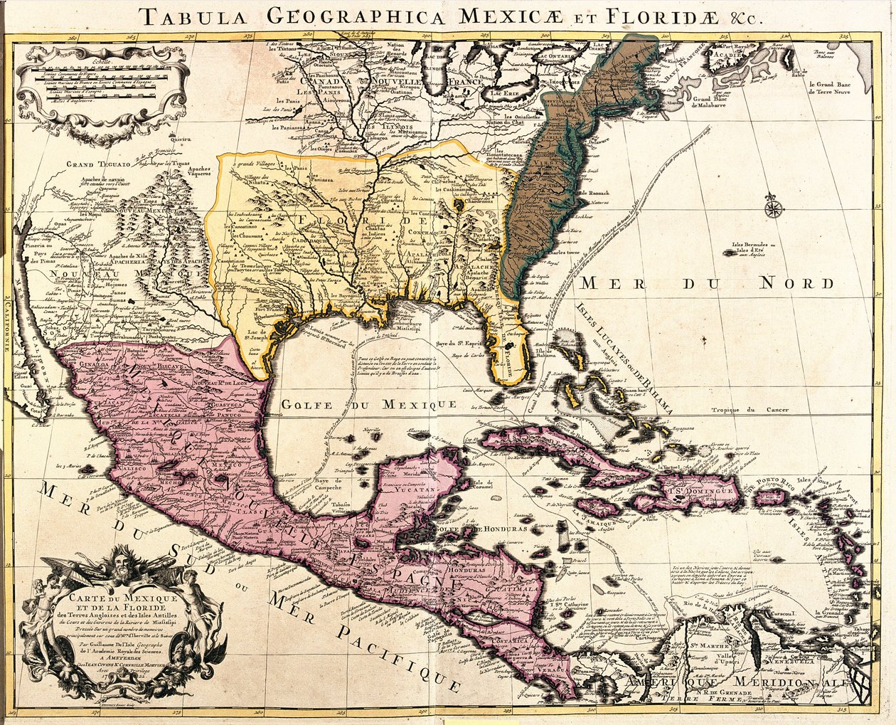 Mappa del Messico e della Florida (USA) con le Isole dei Caraibi (Cuba, Haiti, Giamaica, Antille) (incisione) da Guillaume Delisle