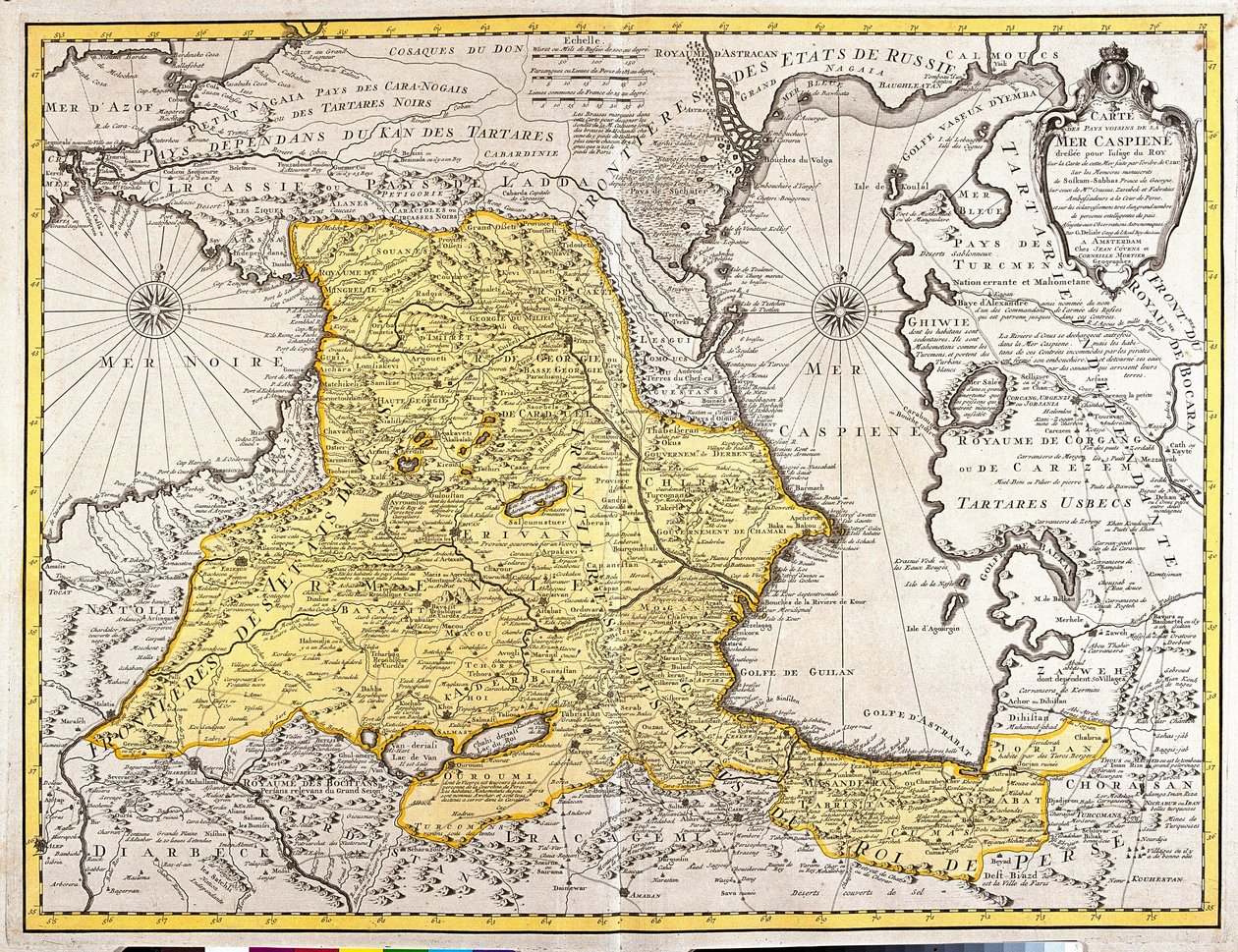 Mappa dei paesi vicini al Mar Caspio (Russia, Armenia, Persia, Kazakistan, Turkmenistan) da Guillaume Delisle