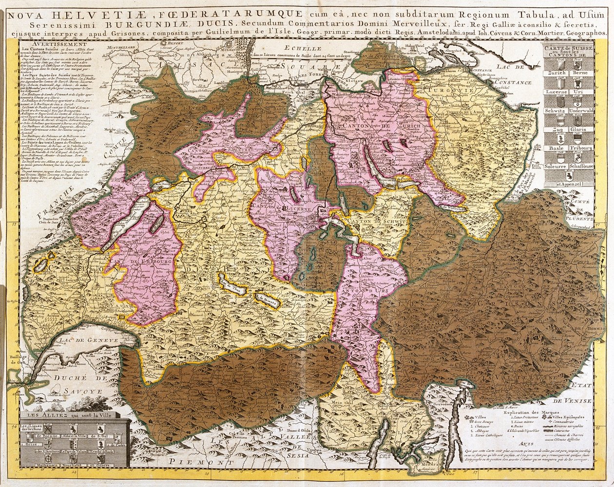 Mappa della federazione svizzera (incisione) da Guillaume Delisle