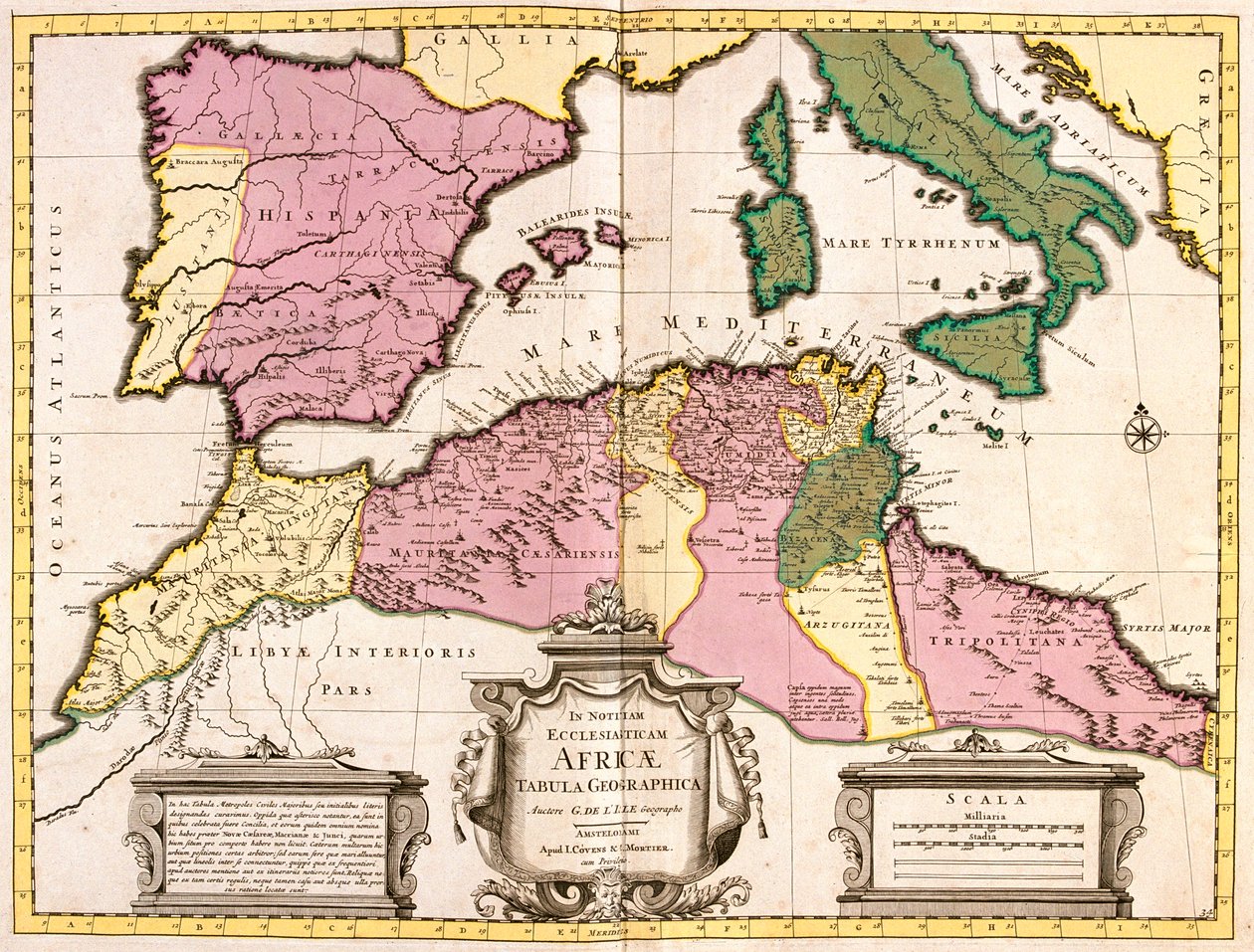 Marocco, Algeria settentrionale, Tunisia, Libia nordoccidentale, Spagna, Portogallo, Italia (tranne il nord) da Guillaume Delisle