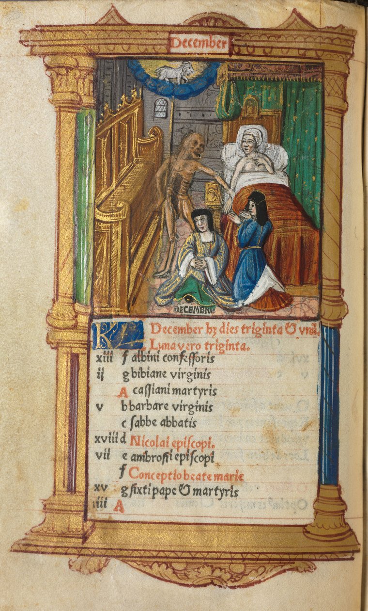 Libro delle Ore stampato Uso di Roma: fol. 13v, pagina del calendario di dicembre, 1510 da Guillaume Le Rouge