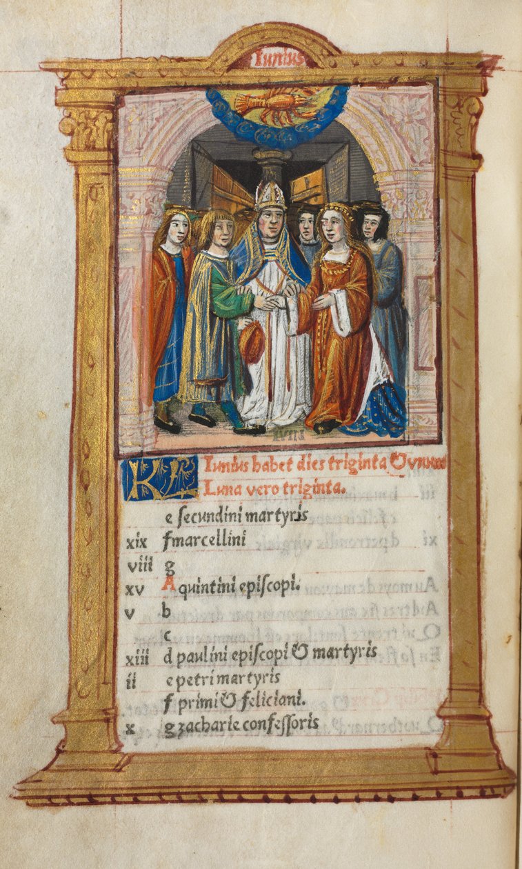 Libro delle Ore stampato Uso di Roma: fol. 7v, illustrazione del calendario di giugno, 1510 da Guillaume Le Rouge