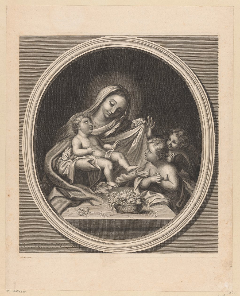 Maria con Bambino e due angeli dietro un tavolo con un cesto di fiori da Guillaume Vallet