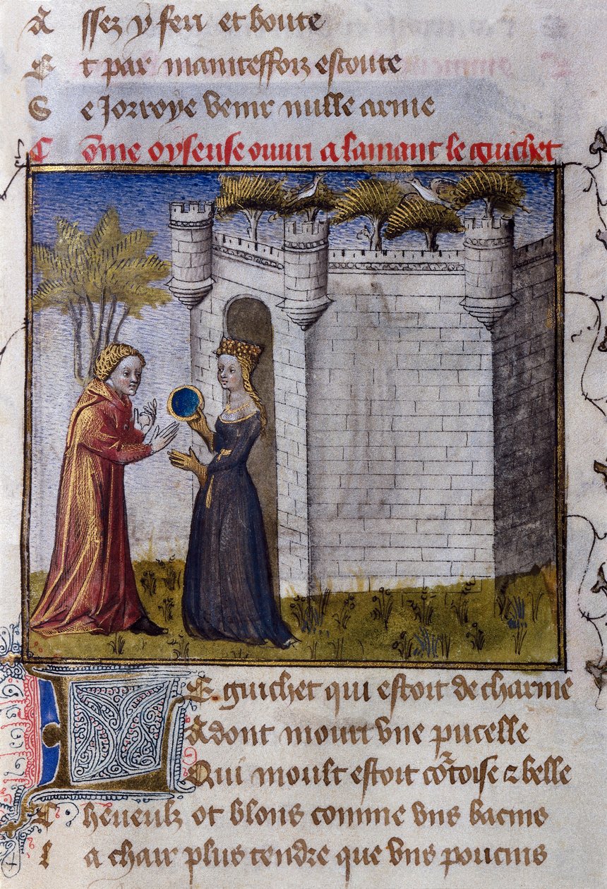 Scena galante tra due amanti: la ragazza invita il suo amante a entrare. Miniatura da "Le Romanesque de la Rose" di Guillaume de Lorris da Guillaume de Lorris