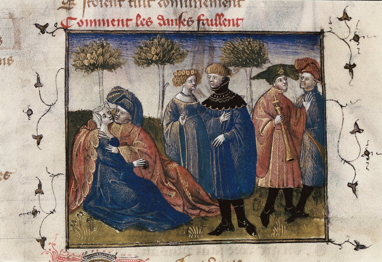 Scena galante di cortigiani, miniatura in "Roman de la Rose" di Guillaume Lorris da Guillaume de Lorris