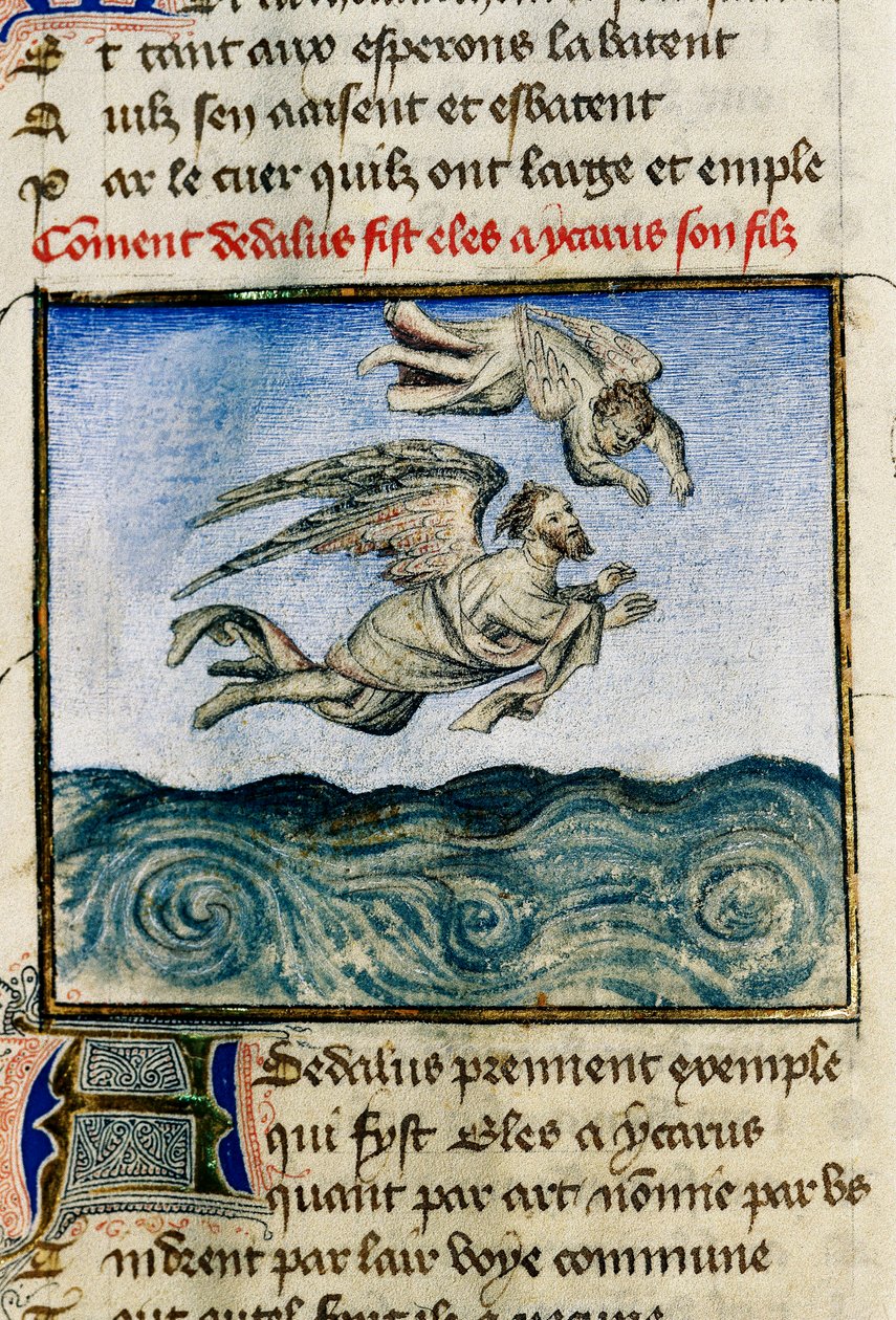 Dedalo e Icaro. Miniatura di Guillaume Lorris dal manoscritto "Il Romanzo della Rosa" da Guillaume de Lorris