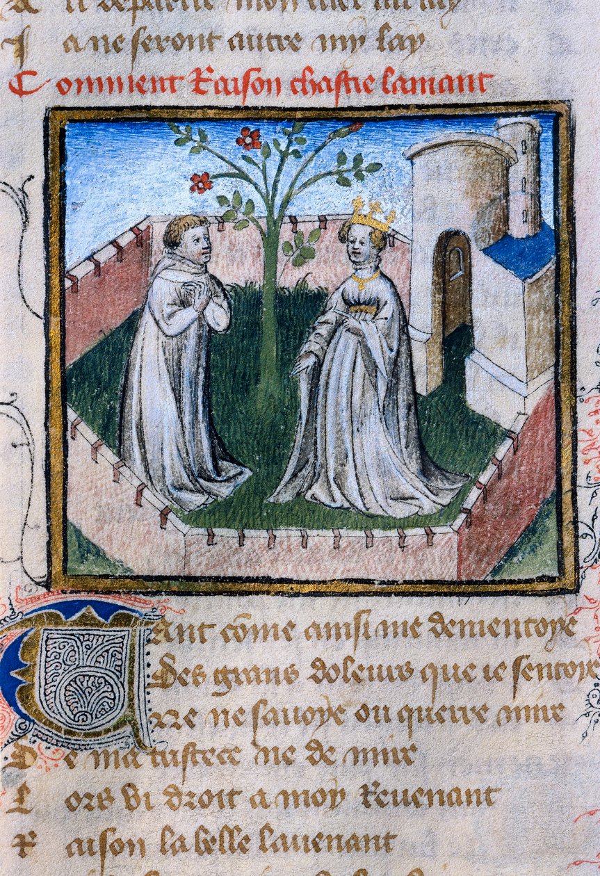 Rappresentazione di una coppia di amanti vicino a una rosa, miniatura in "Roman de la Rose" da Guillaume de Lorris