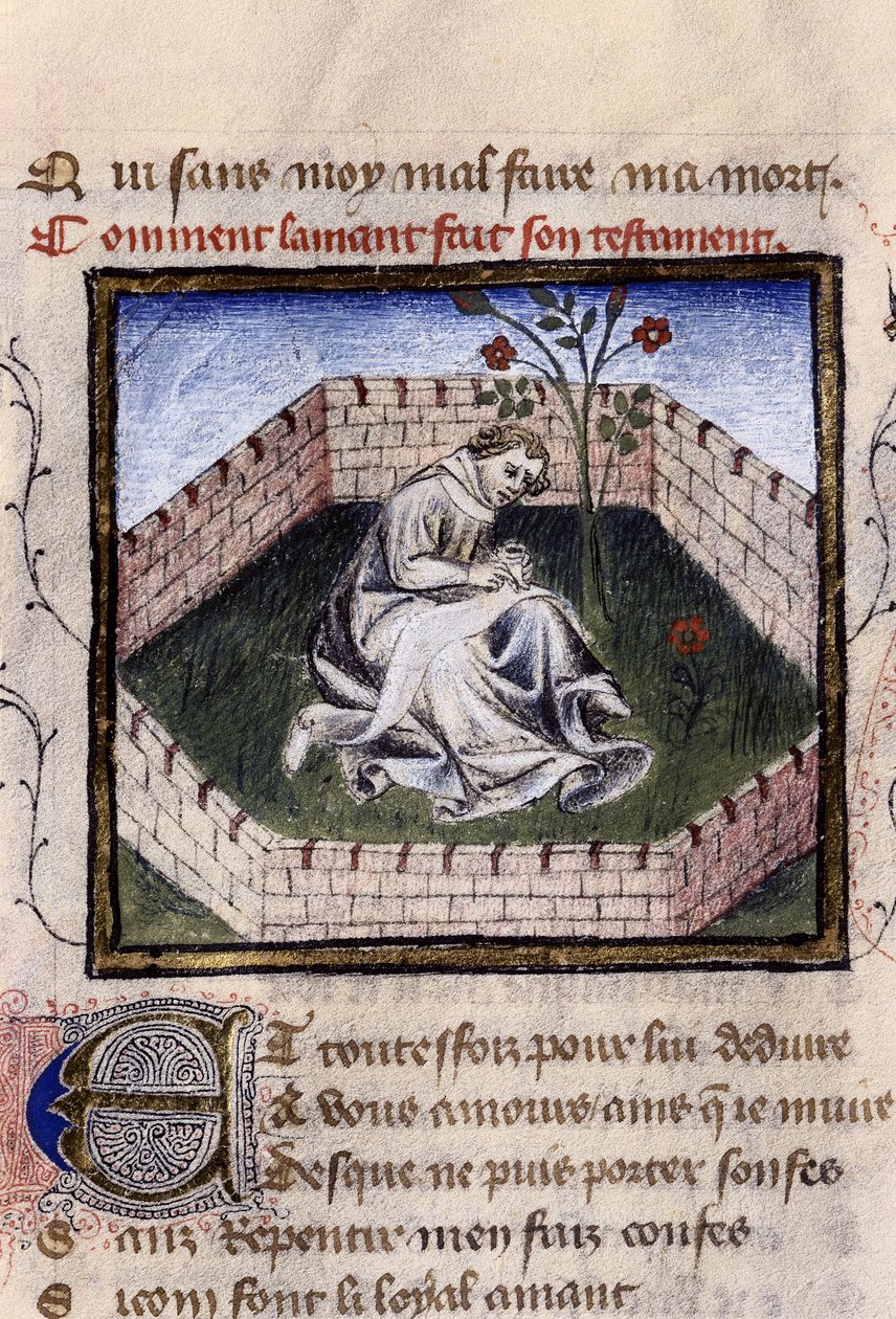Rappresentazione di un giovane innamorato nel giardino delle delizie che scopre la fontana di Narciso, miniatura in 