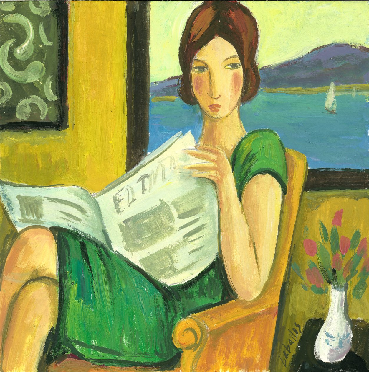 Ragazza che legge il giornale, 2013 (gouache su carta) da Guillermo Martí Ceballos