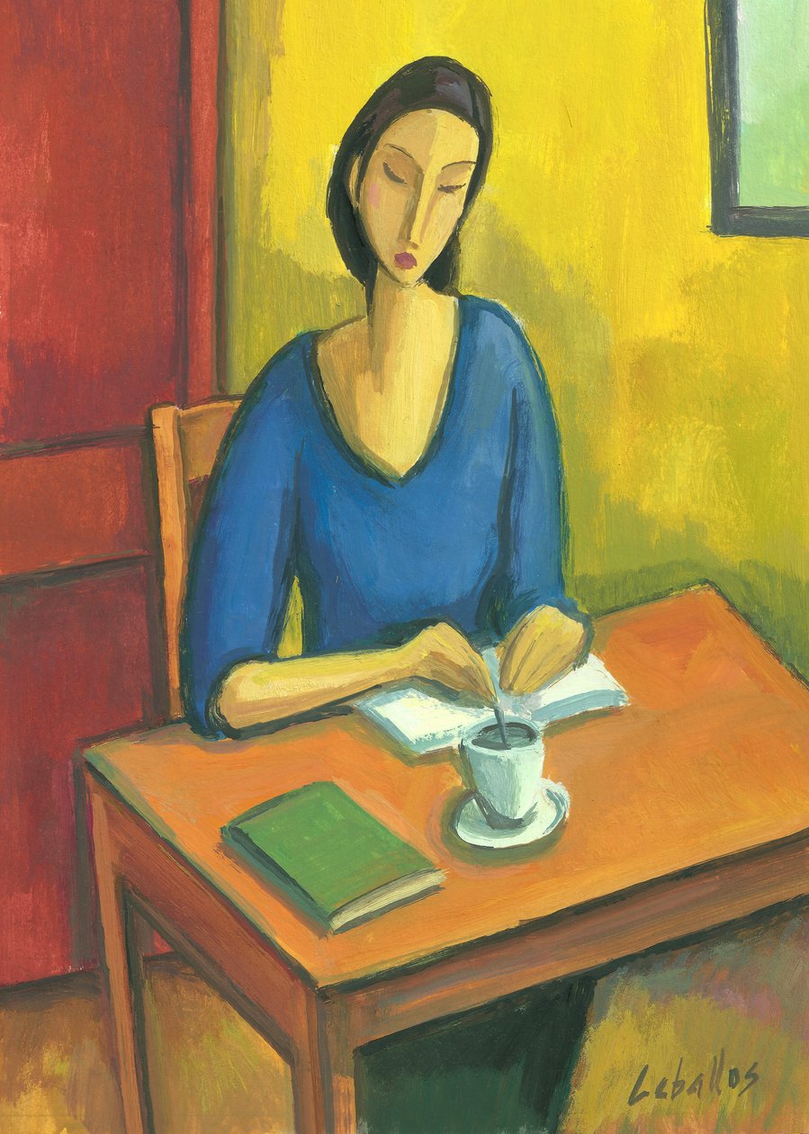 Ragazza con libri e caffè, 2010 (gouache su carta) da Guillermo Martí Ceballos