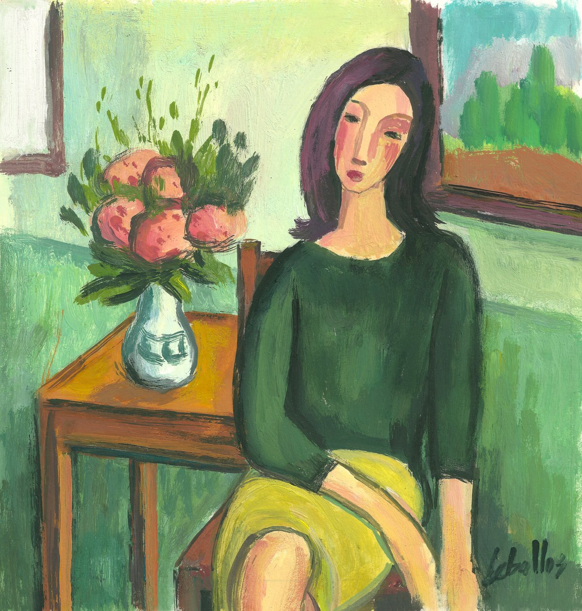 Ragazza con ortensie, 2012 (gouache su carta) da Guillermo Martí Ceballos