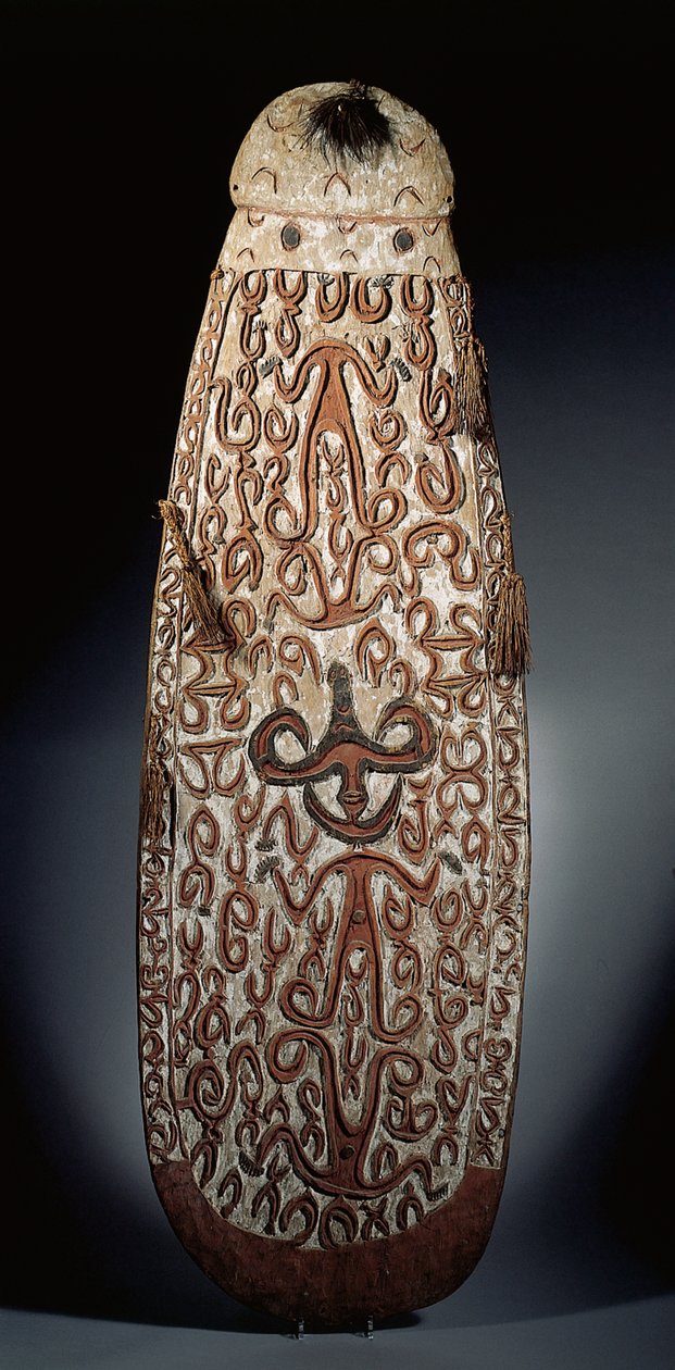 Scudo ovale Asmat, scolpito in rilievo con ornamenti a volute che incorporano figure altamente stilizzate, nappe intrecciate al bordo da Guinean New