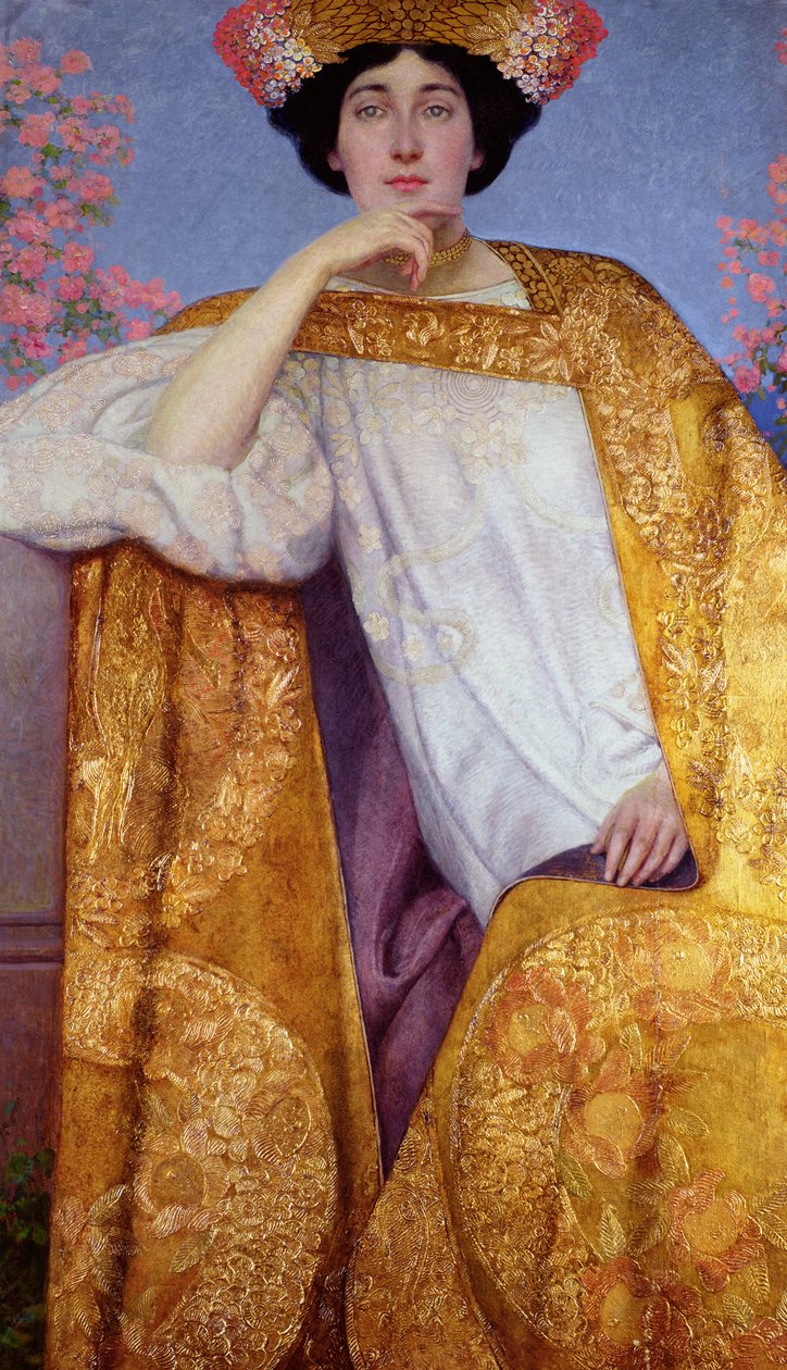 Ritratto di una Donna in un Abito Dorato, dipinto in collaborazione con Ernst Klimt (1864-92) Franz Matsch (1861-1942) e il suo studio, 1886-87 da Gustav Klimt