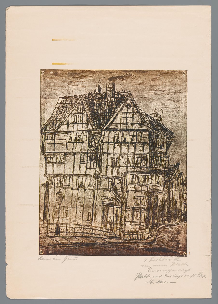 Riproduzione di una stampa o disegno con vista su una vecchia casa, forse a Greiz in Germania da Gustav Digel (signed by artist)