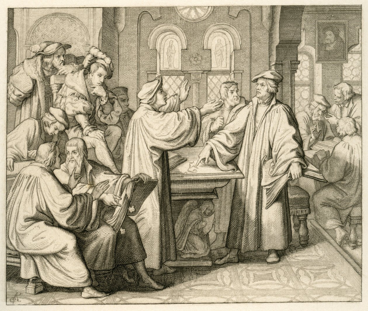 Lutero e Ulrich Zwingli (1494-1531) discutono del sacramento e non trovano accordo, a Marburgo 1529 da Gustav Ferdinand Leopold Konig