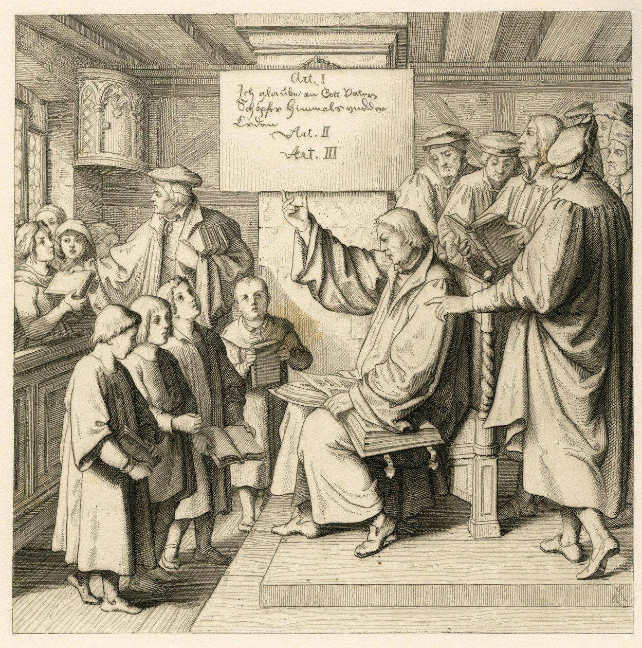 Martin Lutero a scuola con molti bambini, perché le lezioni di religione sono molto importanti per lui, a destra alcuni insegnanti da Gustav Ferdinand Leopold Konig