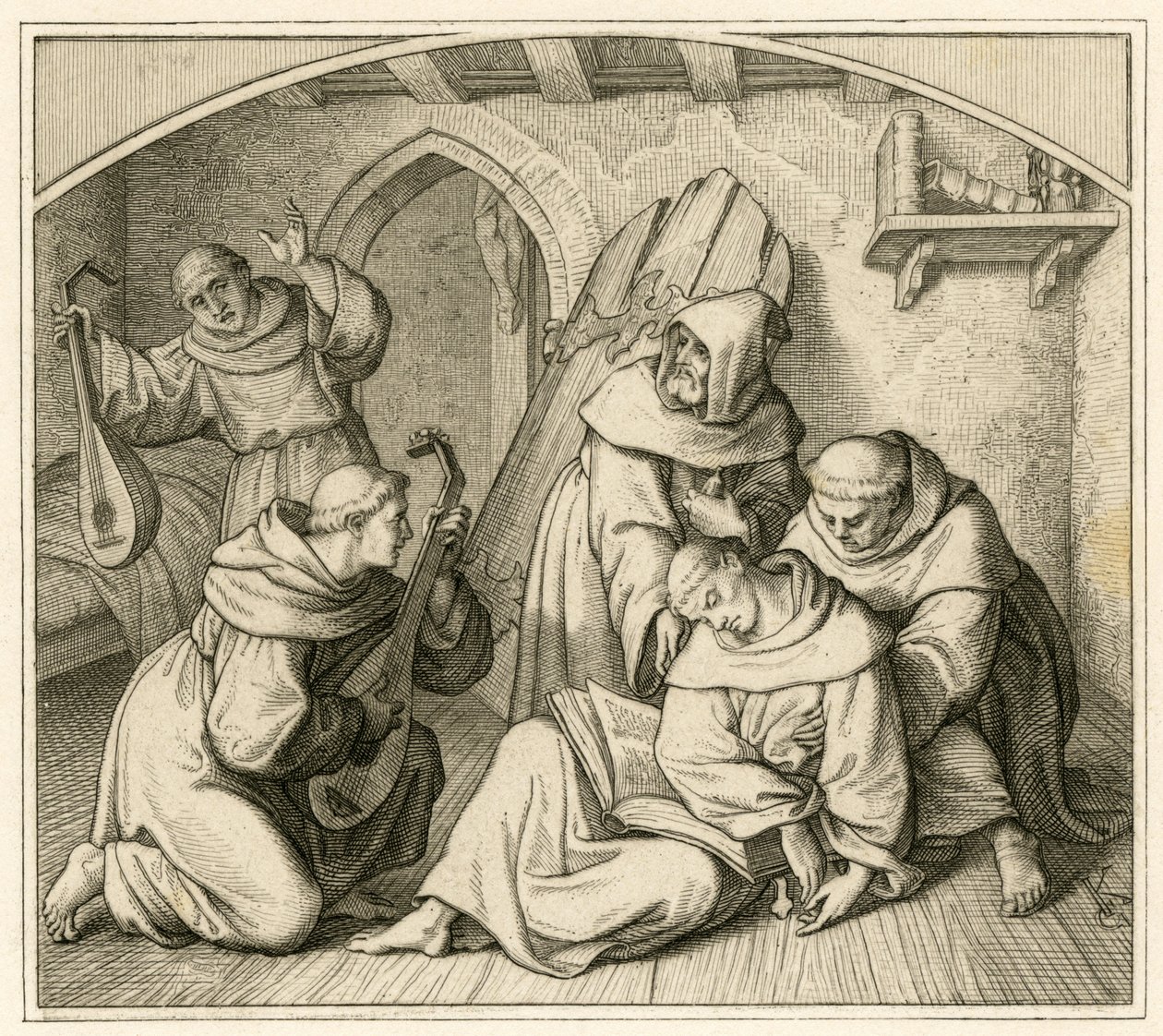 Martin Lutero è incosciente nella sua cella monastica, insieme ad altri monaci che suonano il liuto da Gustav Ferdinand Leopold Konig