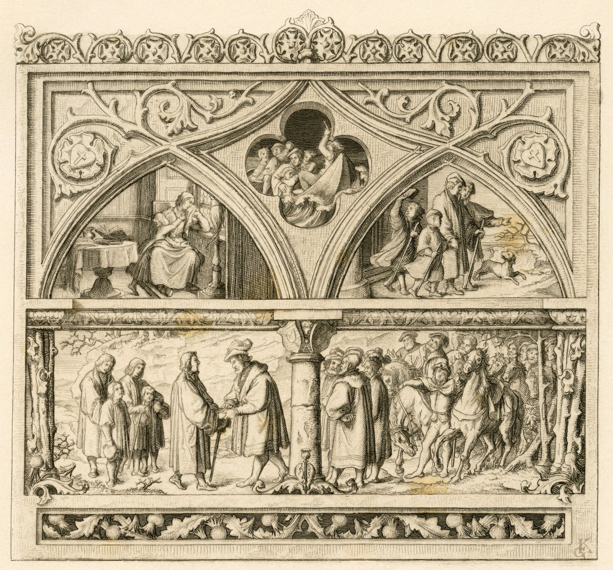 Il viaggio di Martin Lutero al conte Mansfeld (Hoyer VI di Mansfeld-Vorderort (1477-1540); immagine in alto a sinistra: la triste Katharina, al centro: il fiume Saale in piena, a destra: Lutero insieme ai suoi figli. immagine in basso: Lutero e il conte da Gustav Ferdinand Leopold Konig