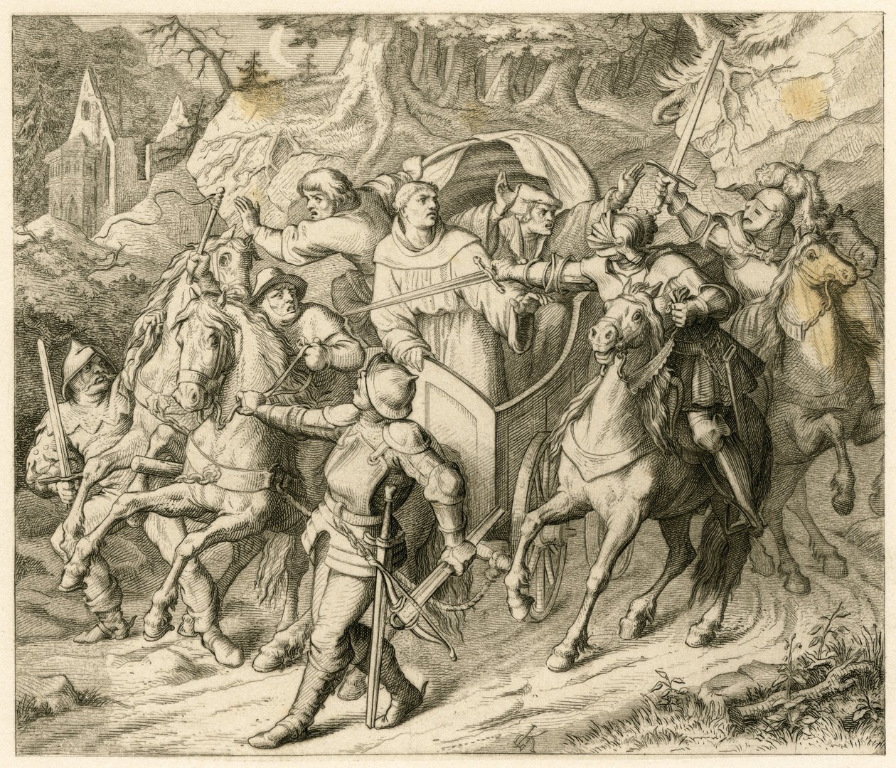 Il rapimento di Martin Lutero nel suo viaggio di ritorno - 1521 - da Hauptmann von Berlepsch e Burkhard Hund, a causa della bolla di scomunica del papa e della messa al bando dell