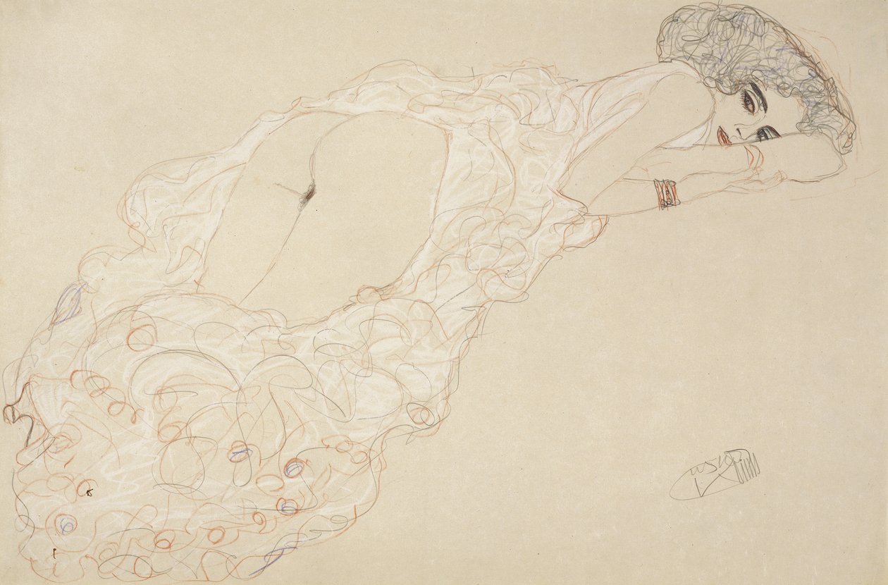 Nudo reclinato sdraiato sullo stomaco e rivolto a destra, 1910 da Gustav Klimt