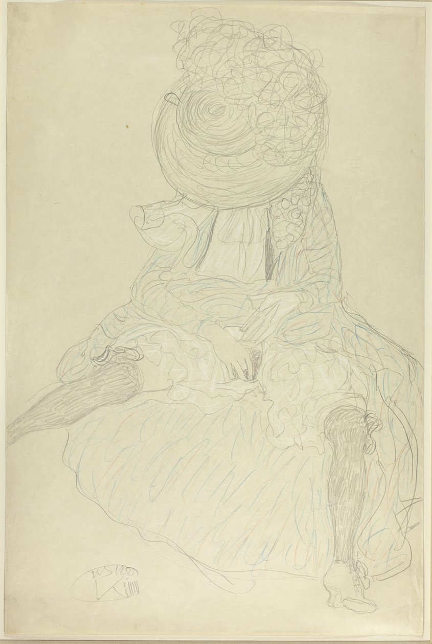 Donna seduta di fronte con cappello, viso incappucciato da Gustav Klimt