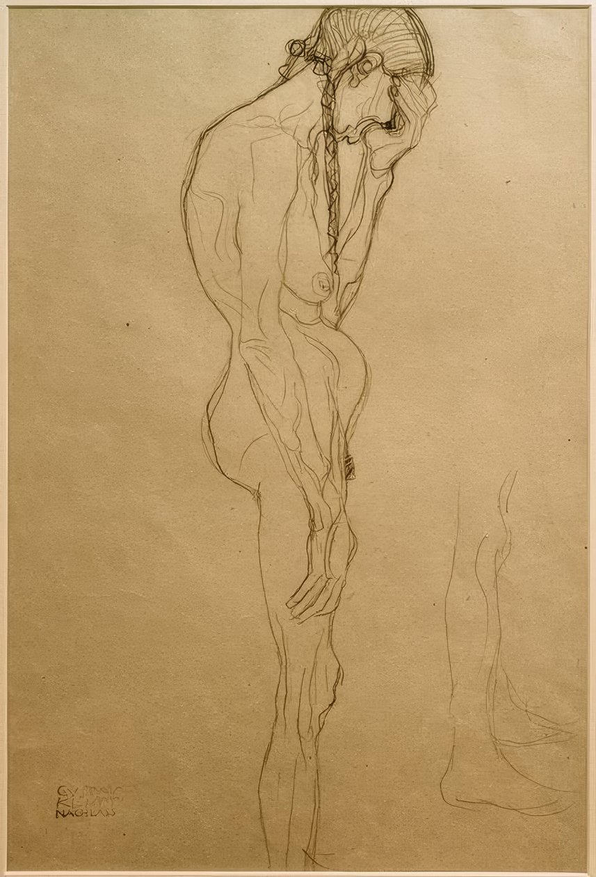 Donna anziana in piedi di profilo a destra, studio delle gambe da Gustav Klimt