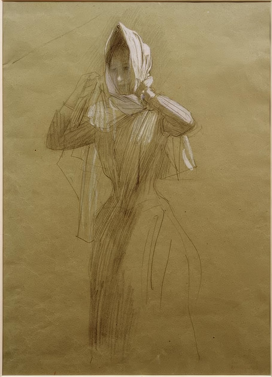 Giovane donna in piedi che si mette un fazzoletto da Gustav Klimt
