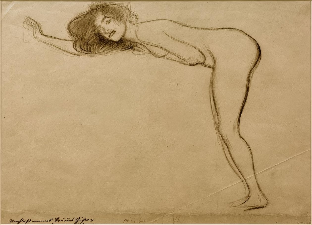 Nudo femminile in piedi con corpo piegato in avanti verso sinistra da Gustav Klimt