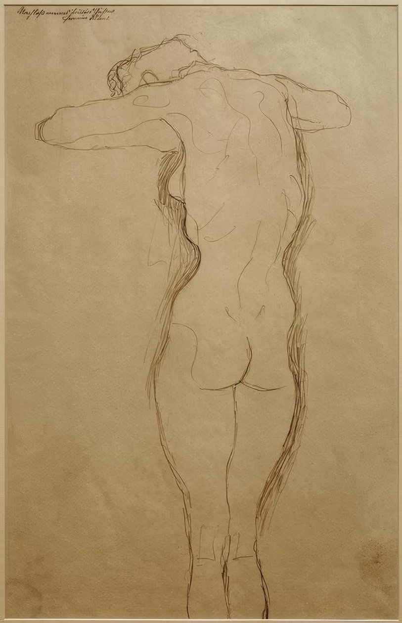 Nudo di schiena in piedi, braccia piegate orizzontalmente (studio) da Gustav Klimt