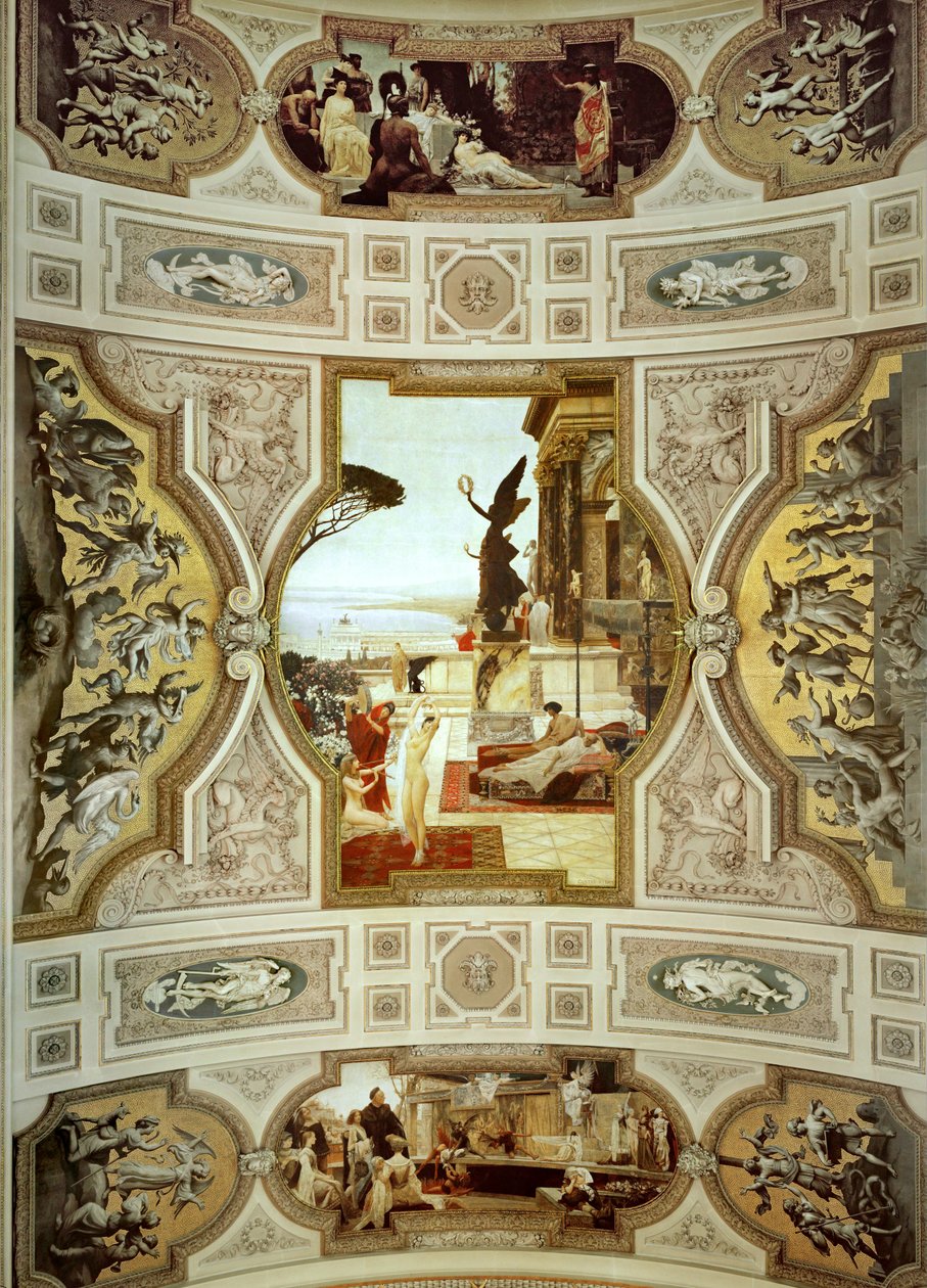 Burgtheatre di Vienna (Teatro di Corte), scalinata (a sinistra): Teatro di Taormina, dettaglio da Gustav Klimt