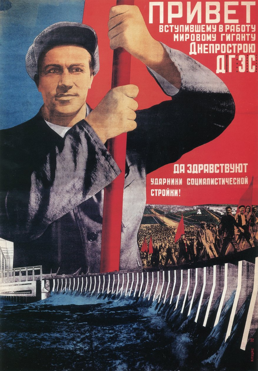 Saluti al gigante mondiale recentemente lanciato Dneprostroi, 1932 da Gustav Klutsis