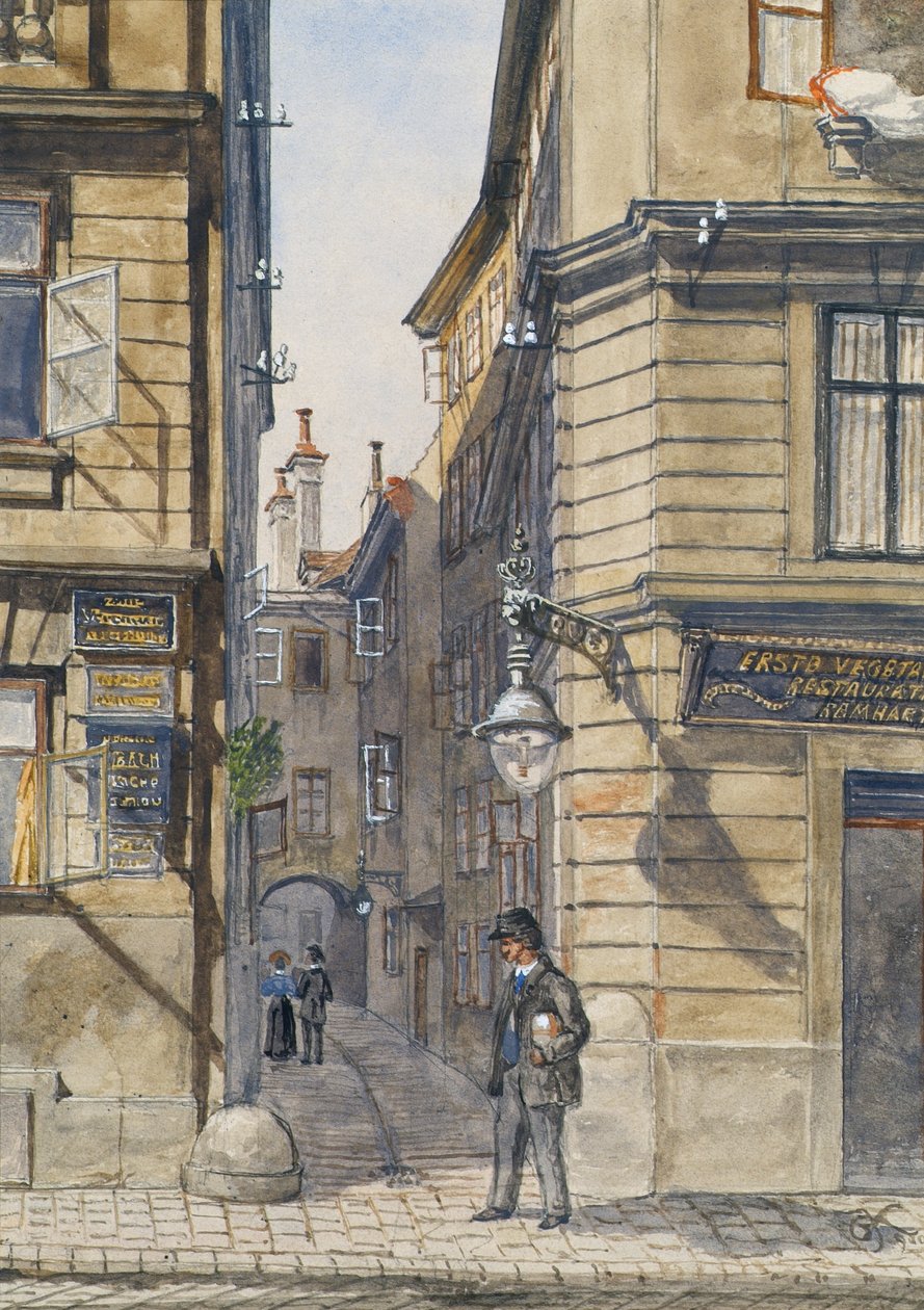 La Brunngasse con il primo ristorante vegetariano a Vienna da Gustav Korompay