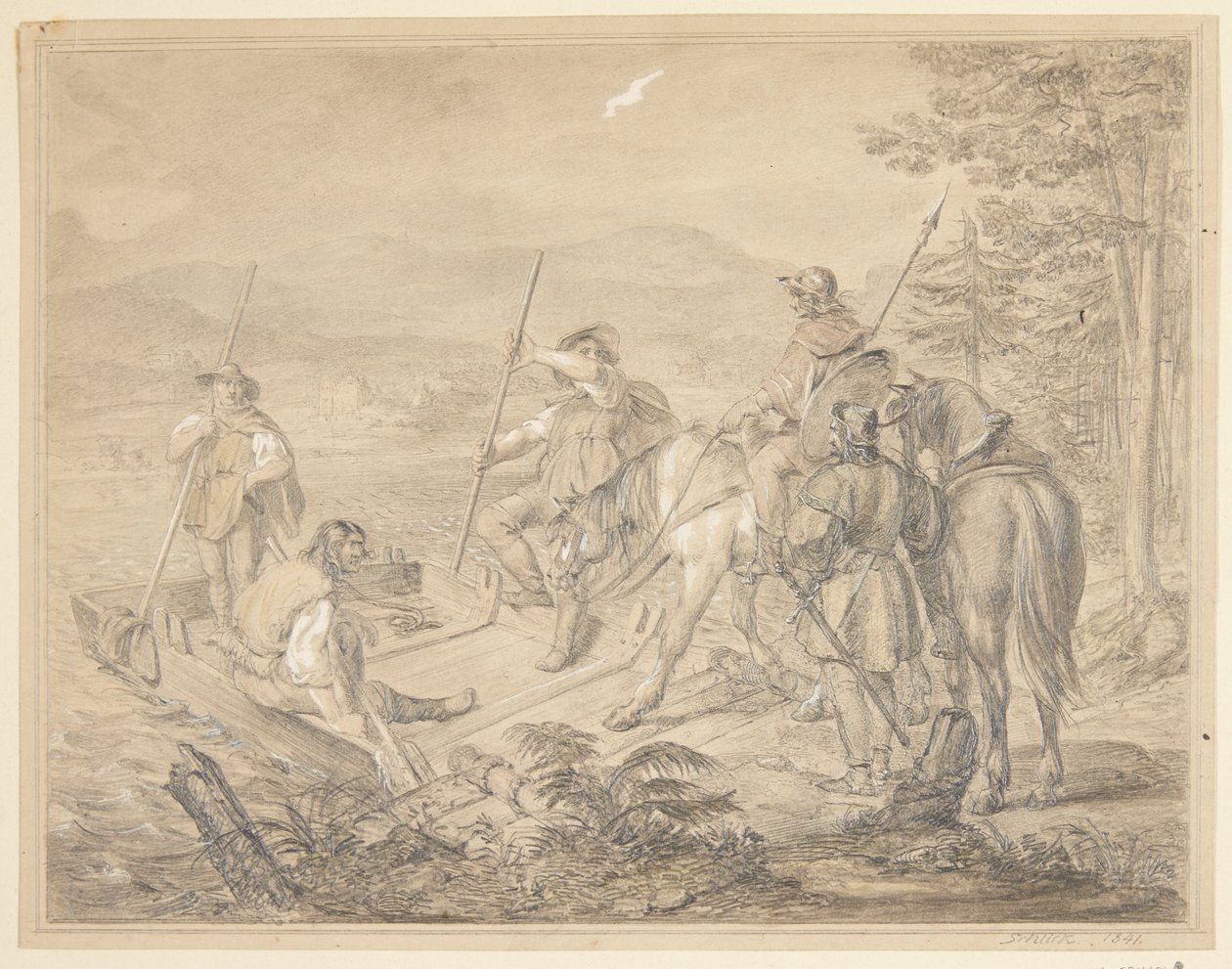 Paesaggio con cavalieri presso un traghetto da Gustav Schlick