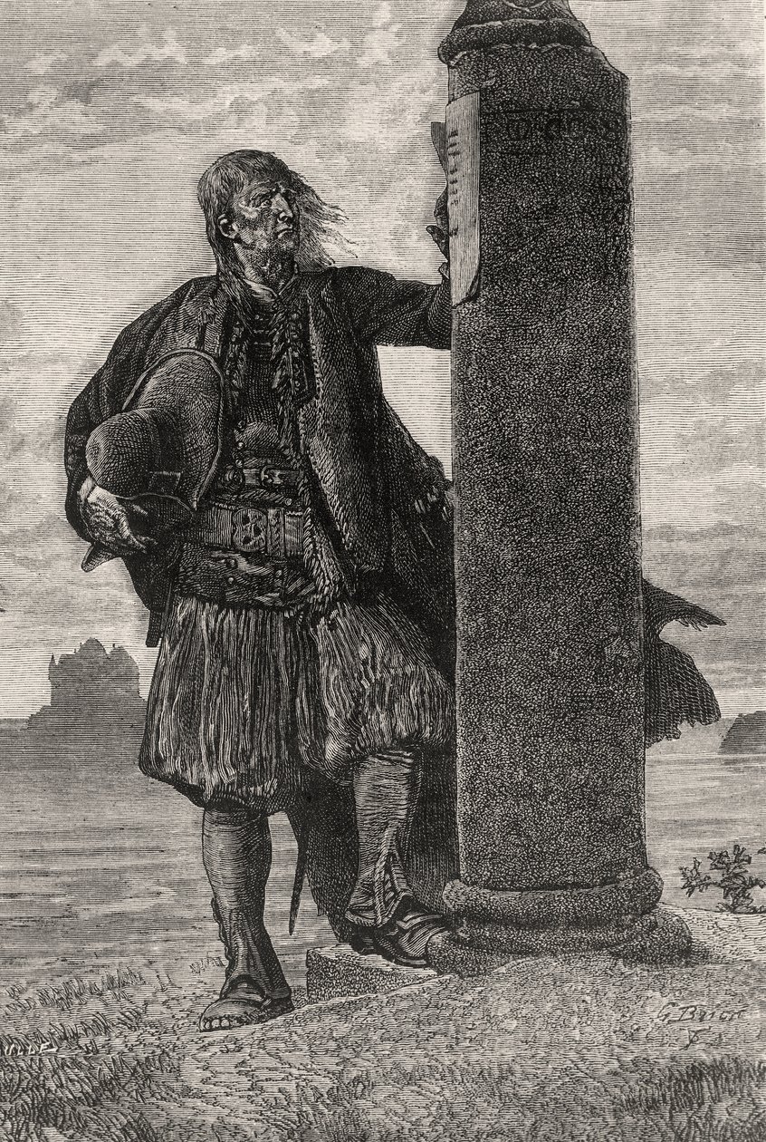 Il marchese di Lantenac legge un ordine di arresto su un pilastro - illustrazione da Quatre Vingt Treize, XIX secolo da Gustave Brion