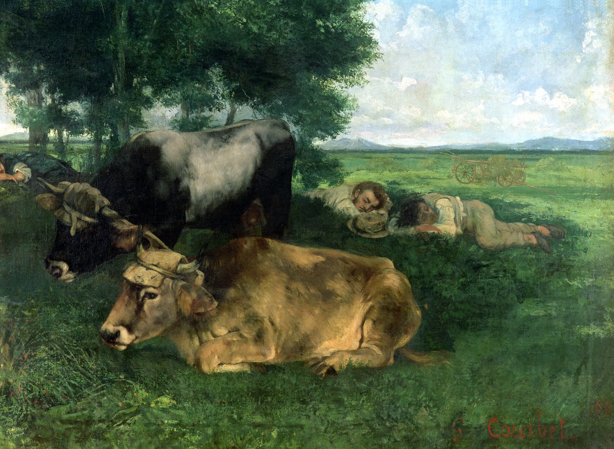 La siesta durante la stagione del fieno (e dettaglio di animali che dormono sotto un albero), 1867 da Gustave Courbet