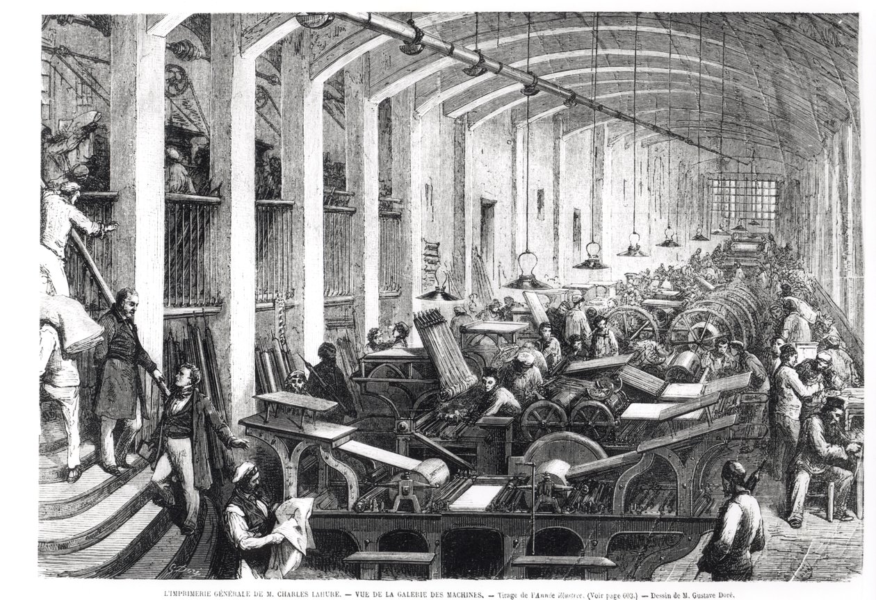 Opere di stampa generali di Charles Lahure, vista della galleria delle macchine che stampano la rivista 