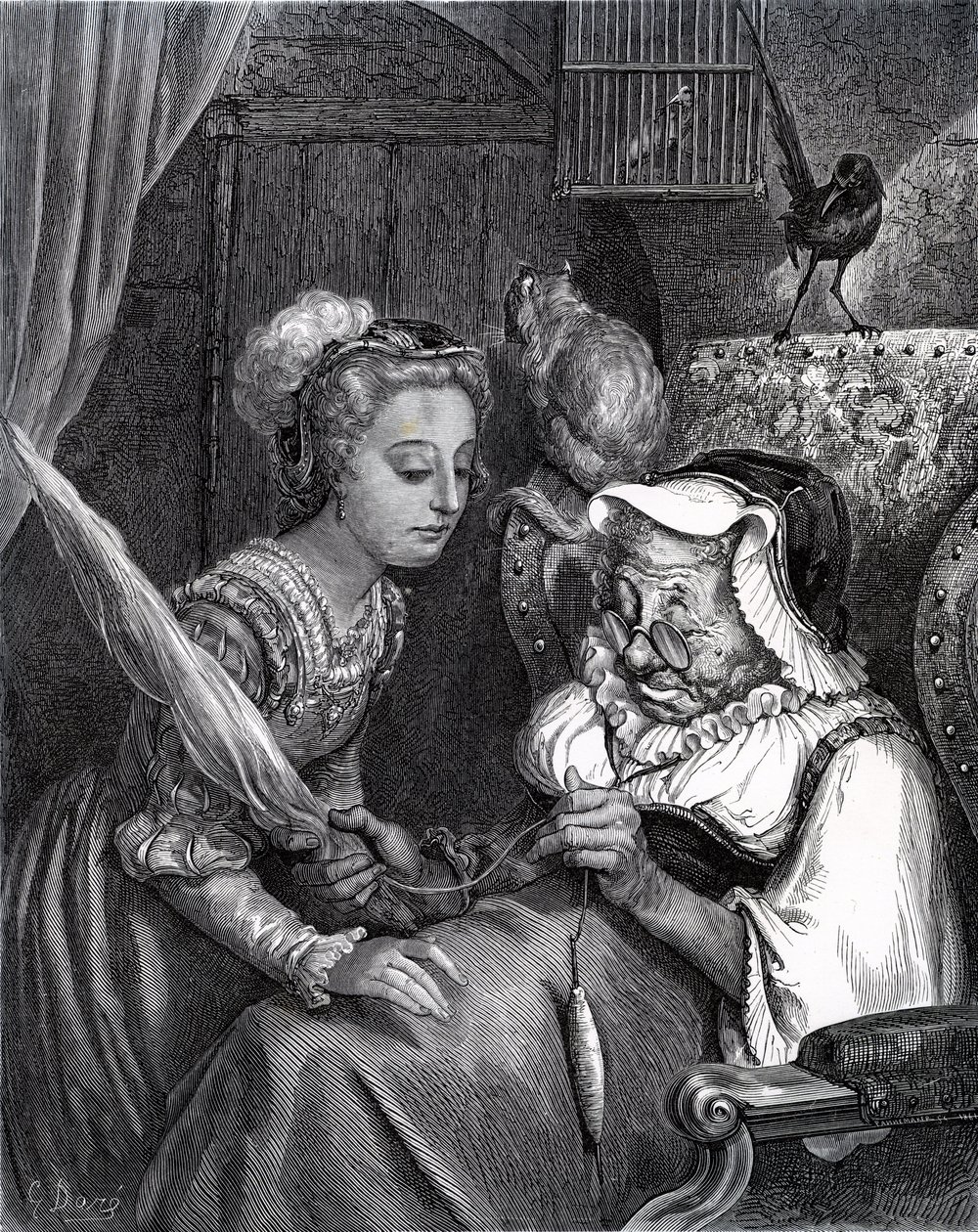 La bella addormentata: Principessa e Fata Spite nella torre da Gustave Dore