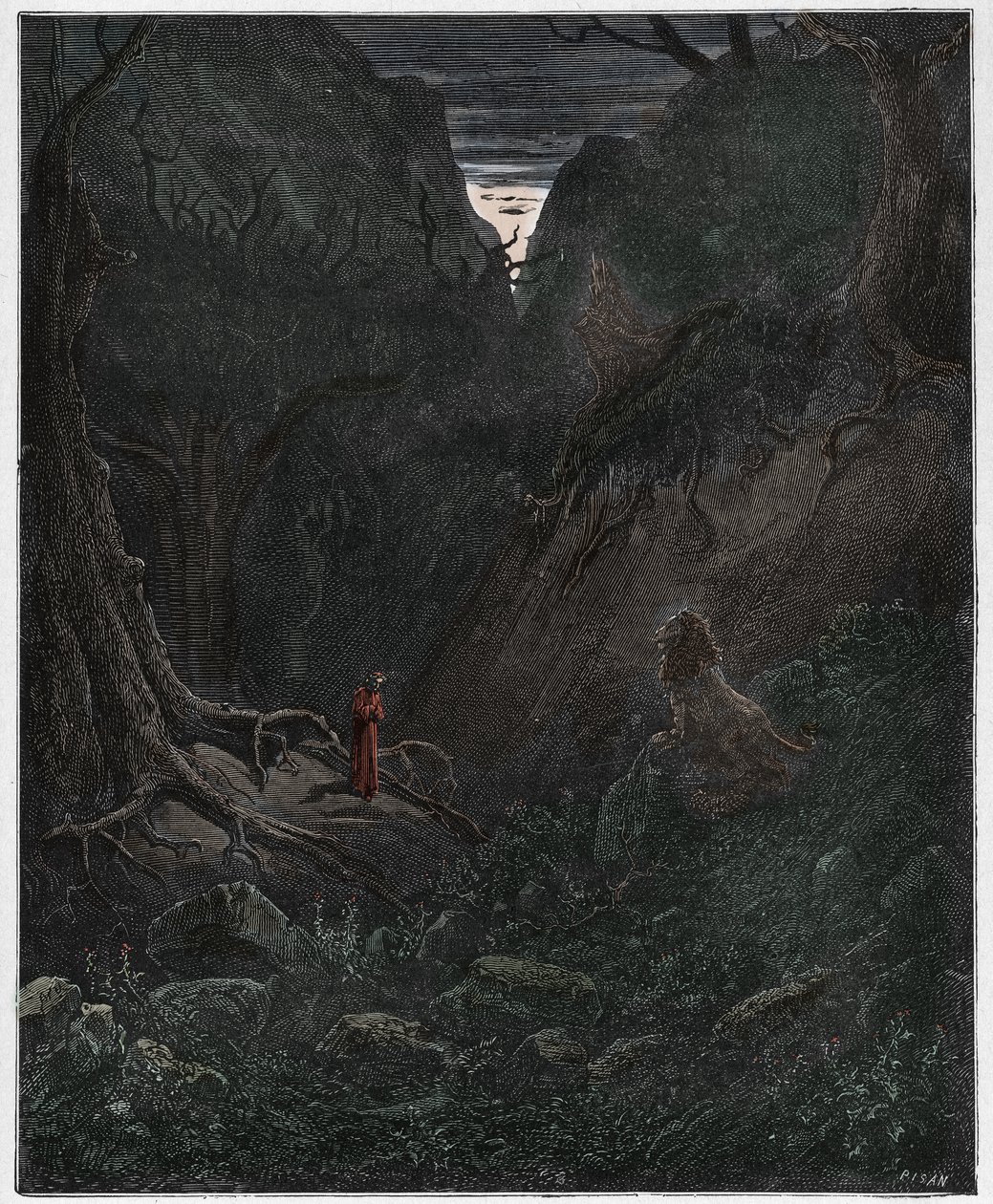 Inferno, Canto 1: Il leone affronta improvvisamente Dante, illustrazione dalla Divina Commedia di Dante Alighieri, 1885 da Gustave after Dore