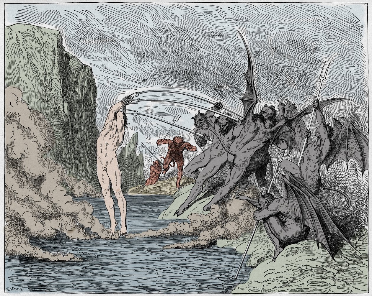 Inferno, Canto 21: I diavoli tormentano i barattieri, illustrazione dalla Divina Commedia di Dante Alighieri, 1885 da Gustave after Dore