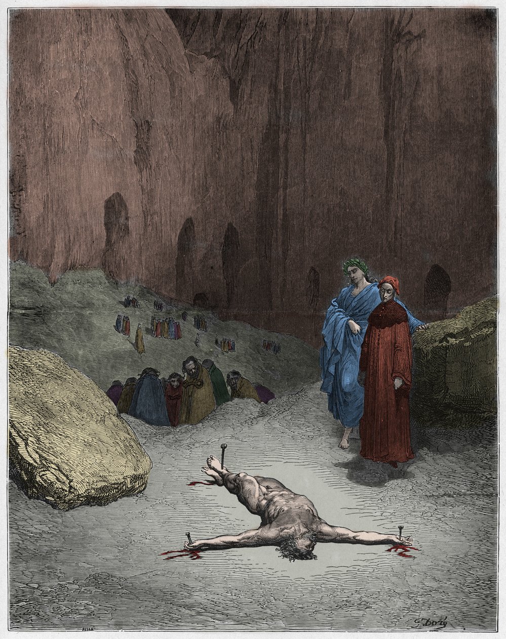Inferno, Canto 23: Un fariseo crocifisso tra gli ipocriti, illustrazione dalla Divina Commedia di Dante Alighieri, 1885 da Gustave after Dore