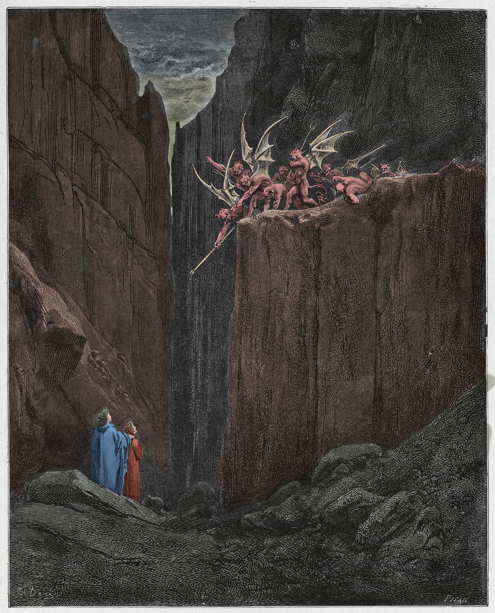 Inferno, Canto 23: I poeti sfuggono ai demoni della quinta bolgia, illustrazione dalla Divina Commedia di Dante Alighieri, 1885 da Gustave after Dore