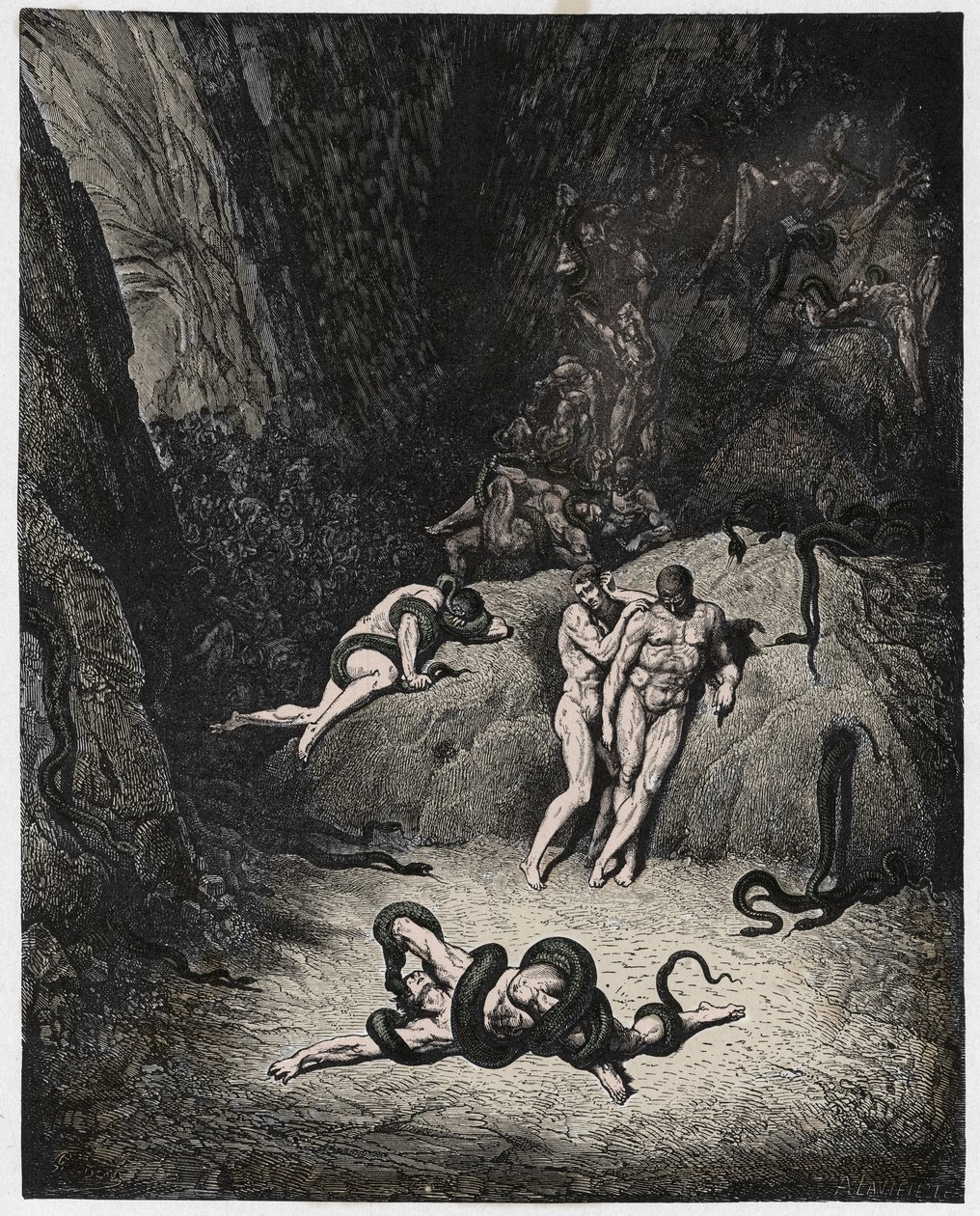 Inferno, Canto 25: Agnello che si trasforma in serpente, illustrazione dalla Divina Commedia di Dante Alighieri, 1885 da Gustave after Dore