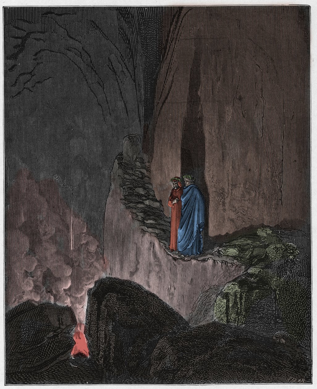 Inferno, Canto 26: Gli spiriti fiammeggianti di Ulisse e Diomede, illustrazione dalla Divina Commedia di Dante Alighieri, 1885 da Gustave after Dore