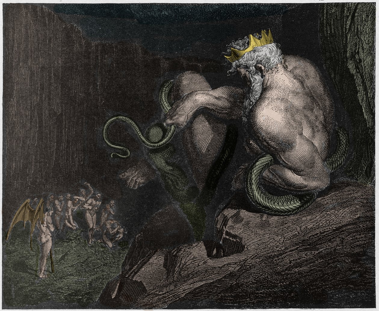 Inferno, Canto 5: Minosse giudica le trasgressioni e spedisce le anime, illustrazione dalla Divina Commedia di Dante Alighieri, 1885 da Gustave after Dore