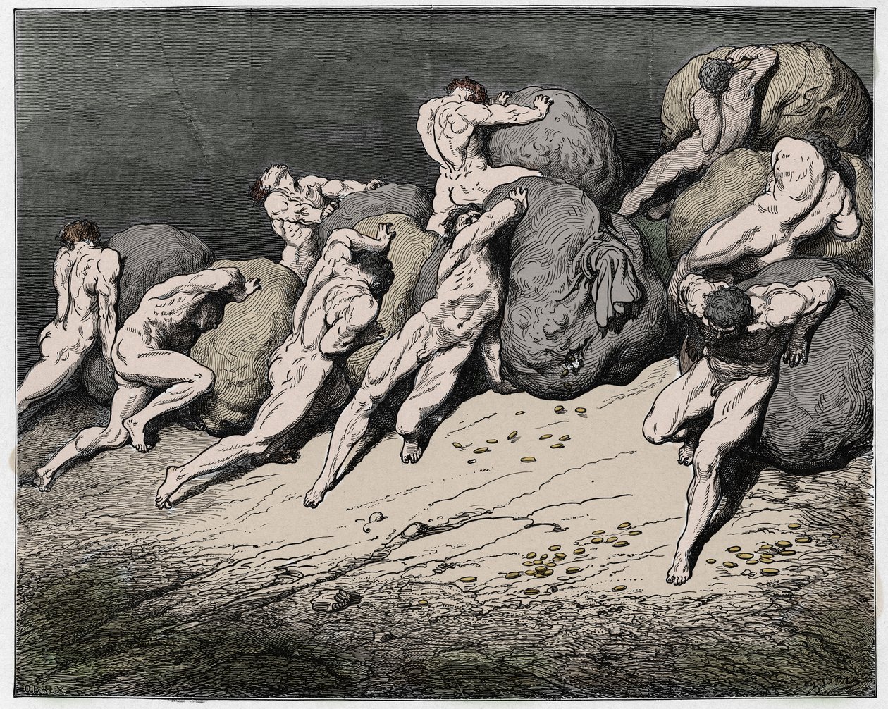 Inferno, Canto 7: Le anime degli avari e dei prodighi costrette a rotolare pesanti pietre, illustrazione dalla Divina Commedia di Dante Alighieri, 1885 da Gustave after Dore