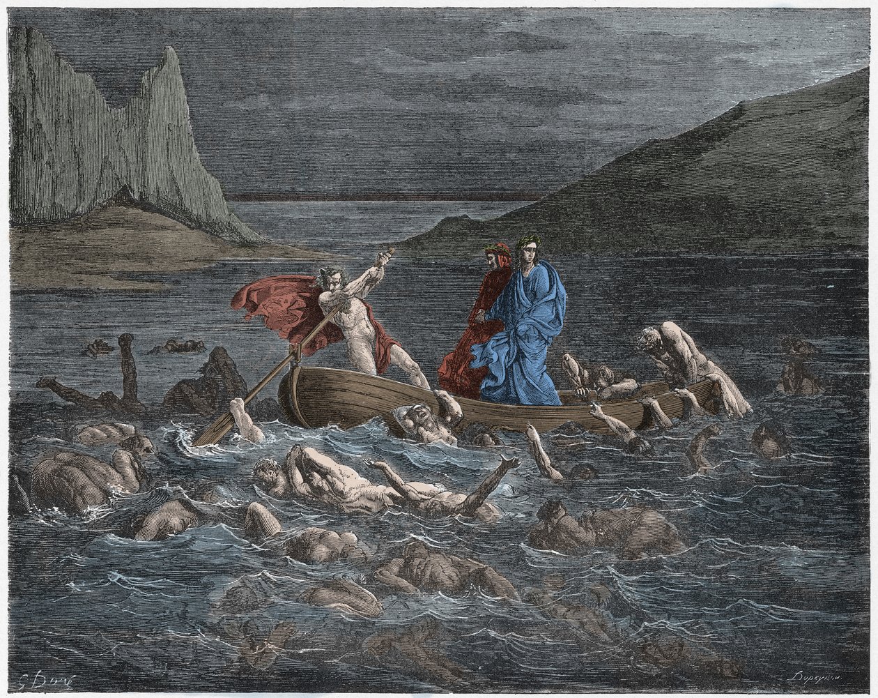 Inferno, Canto 8: Flegias traghetta Dante e Virgilio attraverso lo Stige, illustrazione dalla Divina Commedia di Dante Alighieri, 1885 da Gustave after Dore