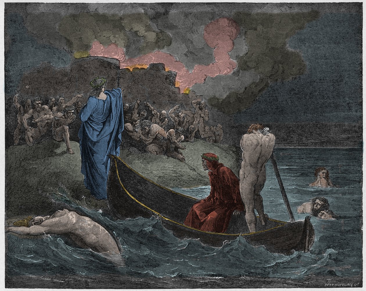 Inferno, Canto 8: Virgilio e Dante sbarcano alla cittadella di Dite, illustrazione dalla Divina Commedia di Dante Alighieri, 1885 da Gustave after Dore