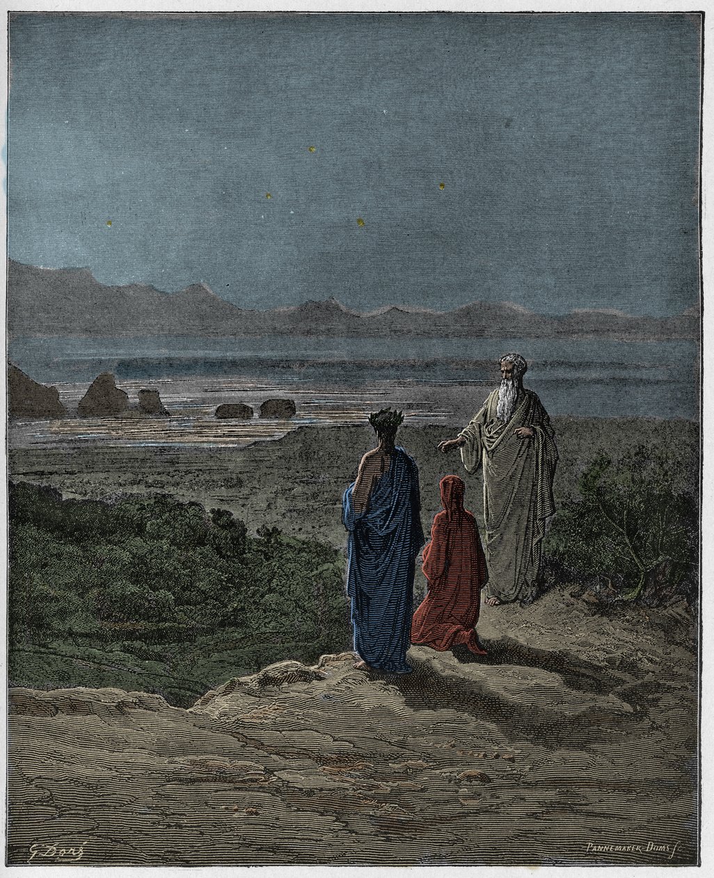 Purgatorio, Canto 1: Dante si inginocchia davanti a Stazio (illustrazione dalla Divina Commedia di Dante Alighieri, 1885) da Gustave after Dore